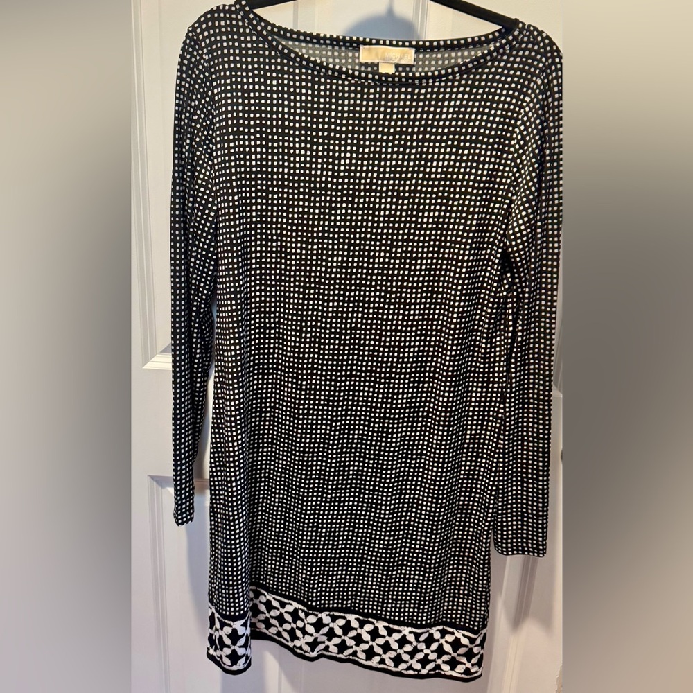 Michael Kors Black and White Geometric Long Sleeve Dress